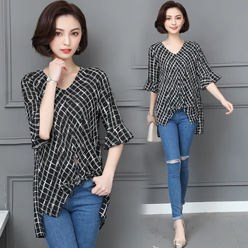 

4xl plus big size blusas feminina 2018 korean spring summer style autumn women new plaid chiffon shirts female A4877