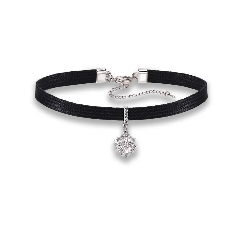 

Black Leather Chain Woman Rhinestone Zircon Crystal Ball Pendant Chokers Necklace Collier Charm Girl Party Collar Jewelry