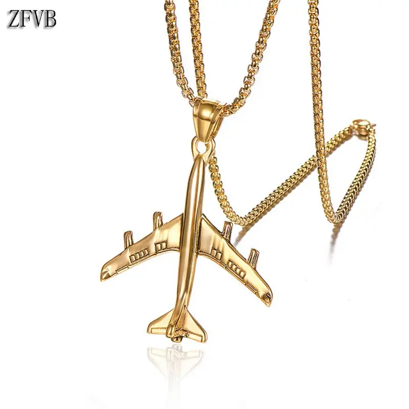 

ZFVB NEW Aircraft Airplane Necklace Men's Chain Stainless Steel Box Chain Gold color Fighter Pendant Necklaces Jewelry Gift