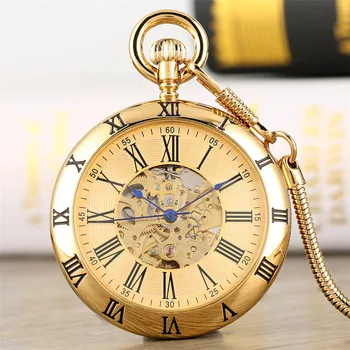 

Gold /Silver Roman Numerals Display Open Face Mechanical Self-Winding Pocket Watch Retro Luxury Men Women Pocket Pendant Clock