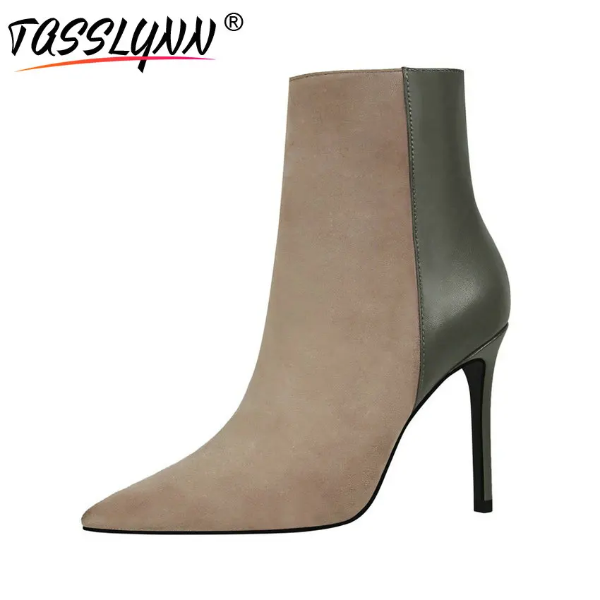 

TASSLYNN 2018 Elegant Women Boots Pointed Toe PU Thin High Heels Autumn Spring Flock Ankle Boots Sexy Shoes Women Size 34-39