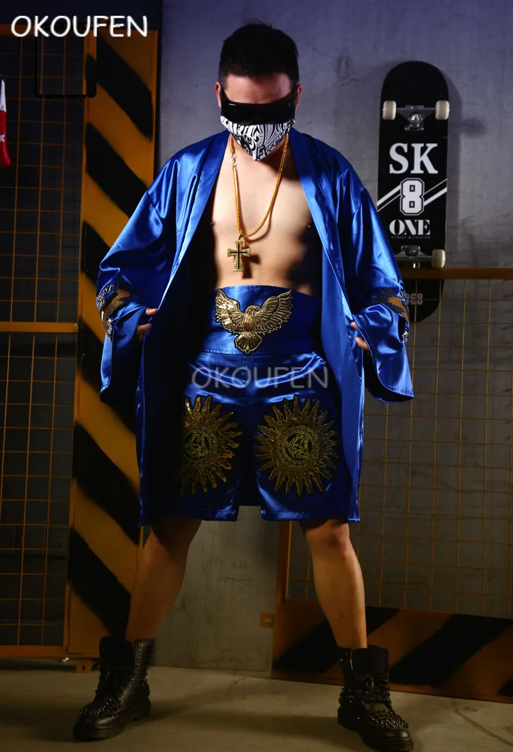 Новые синие мужские боксерские костюмы ночной клуб бар певица DJ сценический костюм вечерние показать мужчинам сценический костюм комплект