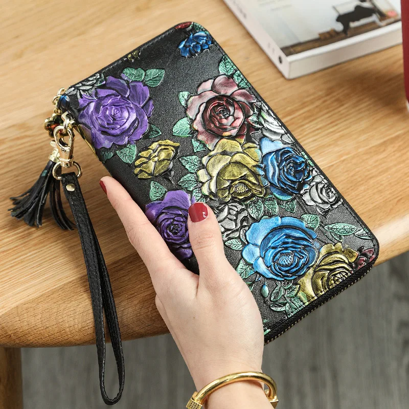 Ladies Genuine Leather Wallet Women Fashion Rose Flower Wallets Coin