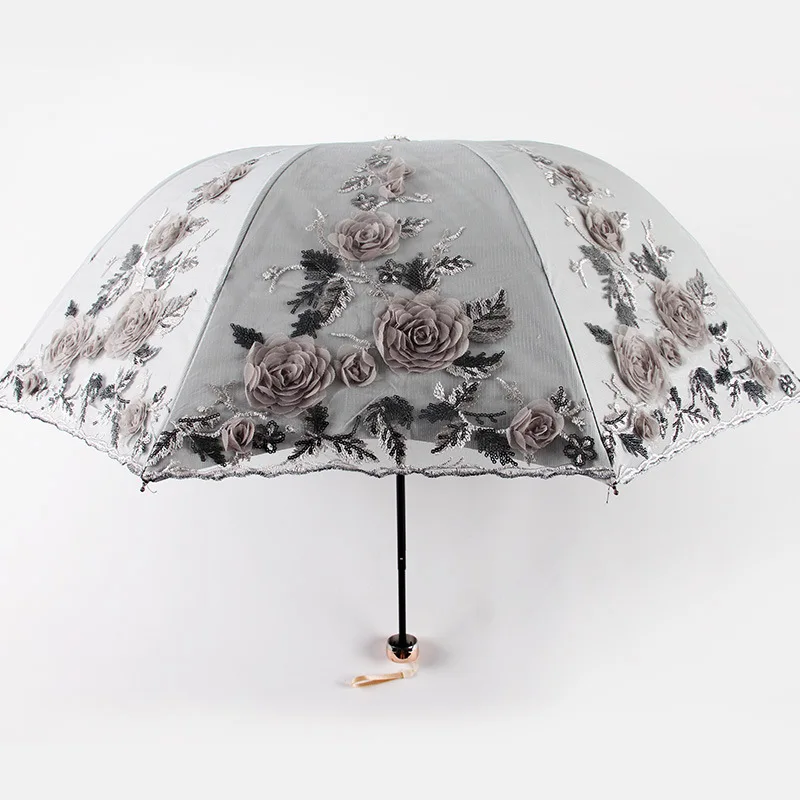 Тройной складной двухслойный Свадебный зонт с вышивкой Анти-ультрафиолетовый кружевной зонт от солнца - Цвет: 1