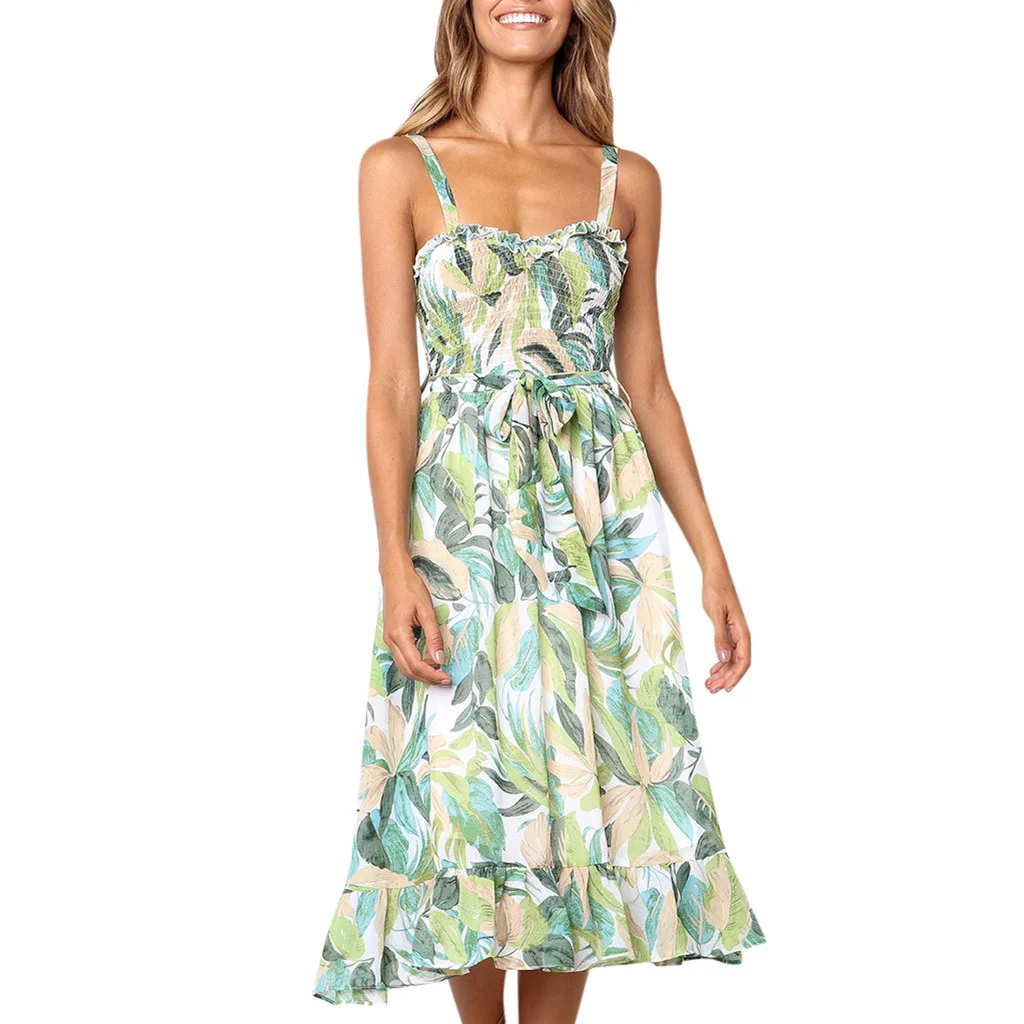 

FREE OSTRICH Dress Women Strapless Chiffon Print Sleeveless Mid-Calf Green Loose Dignified Noble Popular Short Dress Summer