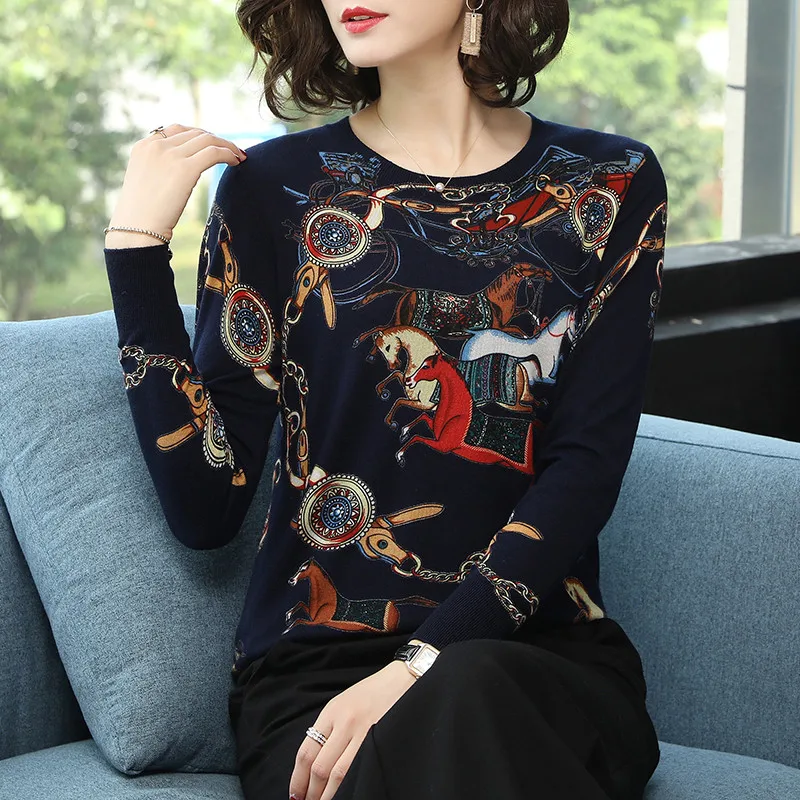 

2019 high quality Spring Autumn Sweater Loose Knitted Color Sweater horse Women printing Pullover O-Neck Sweater female