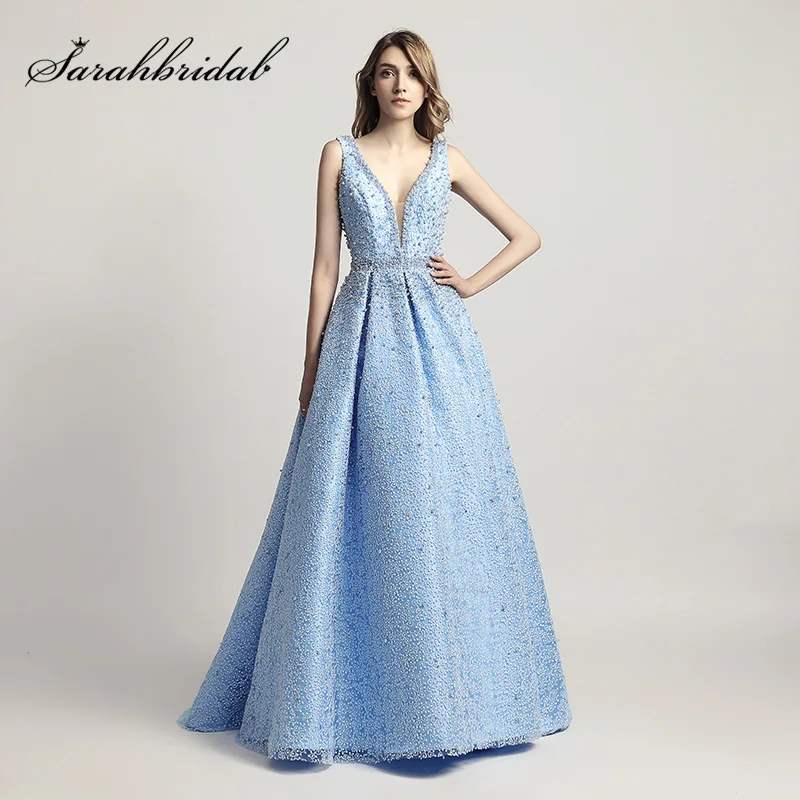 Heavy Pearls Beaded Luxury Ball Gown Celebrity Dresses Sexy V Neck Red Carpet Dress Sky Blue