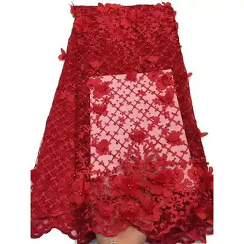 

3D flower lace fabric 2019 high quality French net lace fabric African beads tulle mesh lace fabric wedding dress JX-30 red