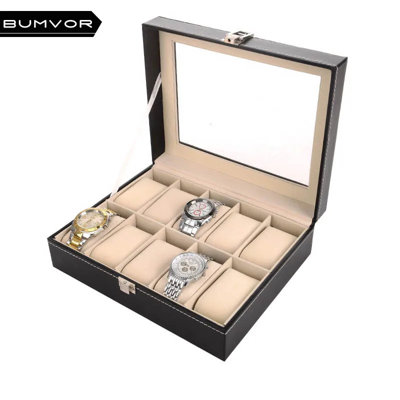 

2018 New Fashion Watch Display Box Luxury 10 Grids Watch Box Case Luxury Jewelry Pu Leather Watch Box Organizer Storage