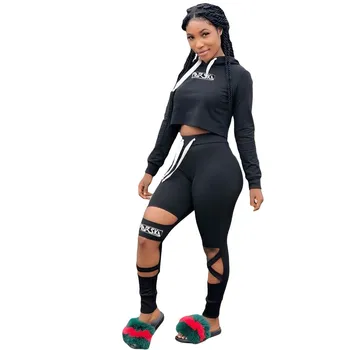 

Black Wind Spring Summer Women Two Piece Set Top and Pants Letter Long Sleeve Short Hoodie Hollow Out Sexy Long Pants Tracksuit