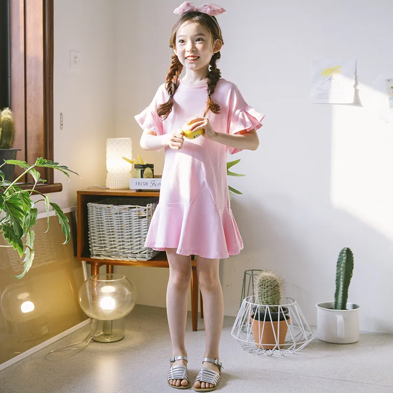 Korean Girls Ruffles Dress Sweet Solid TUTU Dresses Cotton Fabric Cute