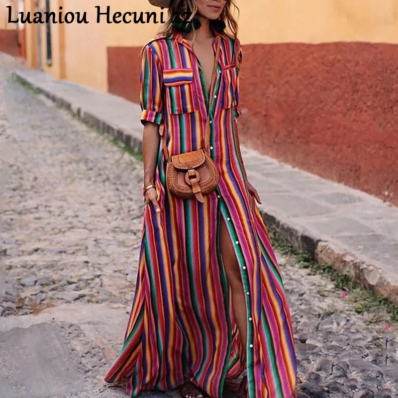 CHU Ni Полосатое длинное платье-рубашка с принтом женское длинное платье с отложным воротником на пуговицах карманы элегантное платье женское платье Vestdios L077