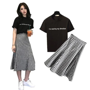 

Women 2 Piece Set Summer Korean Letter O Neck T-Shirt Top + Skirt Suits Two Pieces Summer Clothes For Women