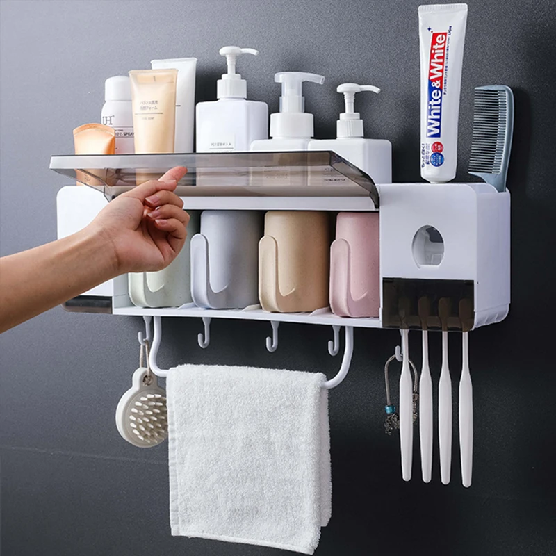 

Toothbrush Holder Automatic Toothpaste Squeezer Dispenser Bathroom Storage Box Punch Free Storage Rack Bathroom Accessories Set