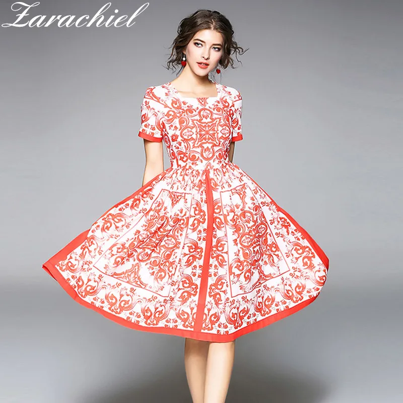 

Fashion Runway Baroque Printed Party Dress New 2019 Summer Women Short Sleeve Square Neck Red Printing Vintage Big Swing Dress