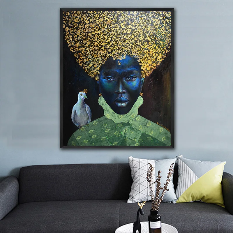 GoldLife, африканская живопись на холсте, настенная живопись, картины, плакаты и принты, черная женщина с птицей на холсте, настенные картины