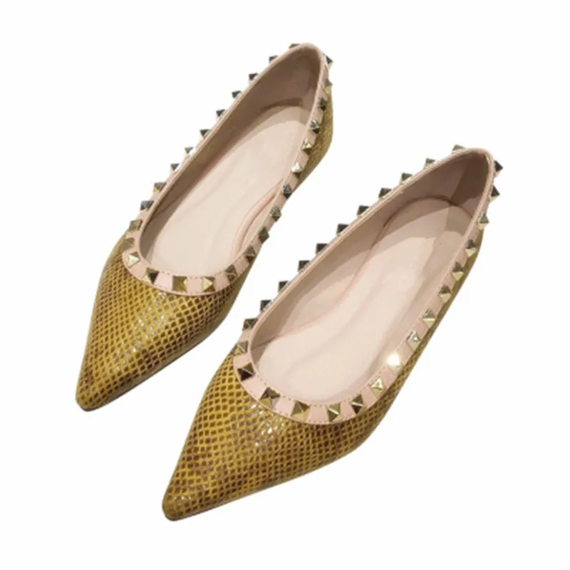 

Snakeskin Embossed Slip on Shoes Studded Style Pointed Toe Python Print Womens Flat Shoes