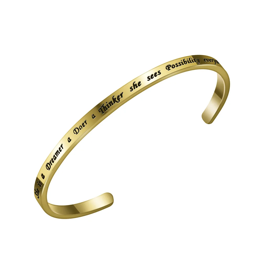 

Gold Plating Cuff bracelets Birthday Jewelry Gift for Her Women Inspirational Bangle Bracelet Engraved She is a Dreamer a Doer..