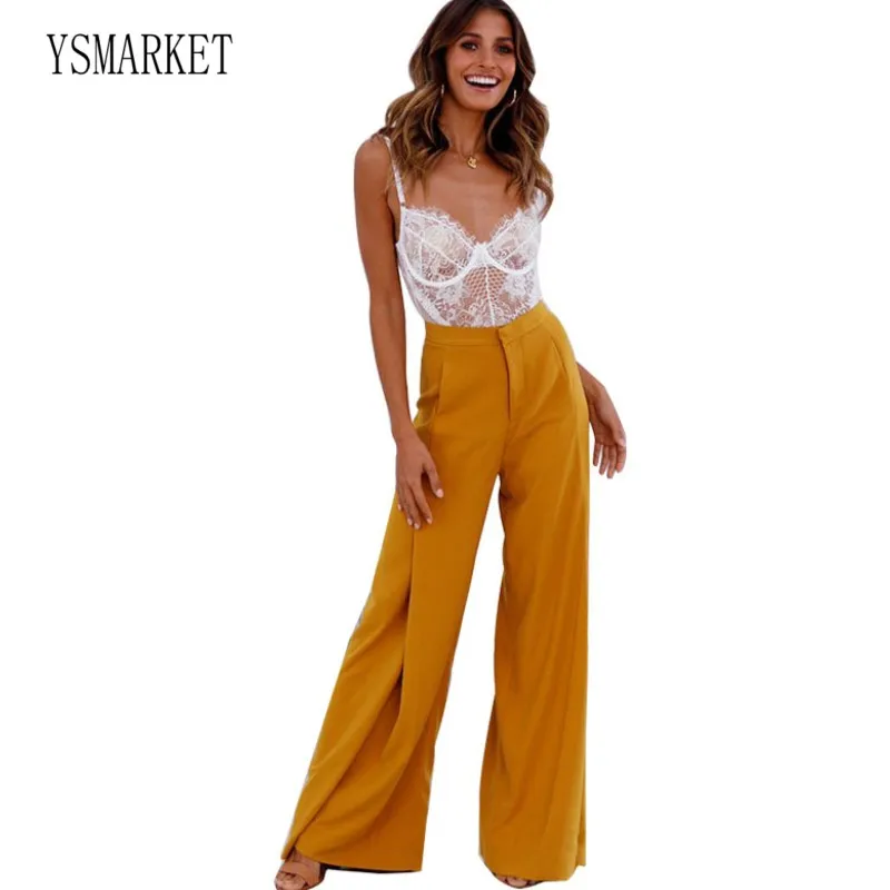 

YSMARKET Women Pants Sexy Elegant Comfortable Frill High Waist Wide Leg Casual Pants Solid Color Personality OL Trousers Y90575