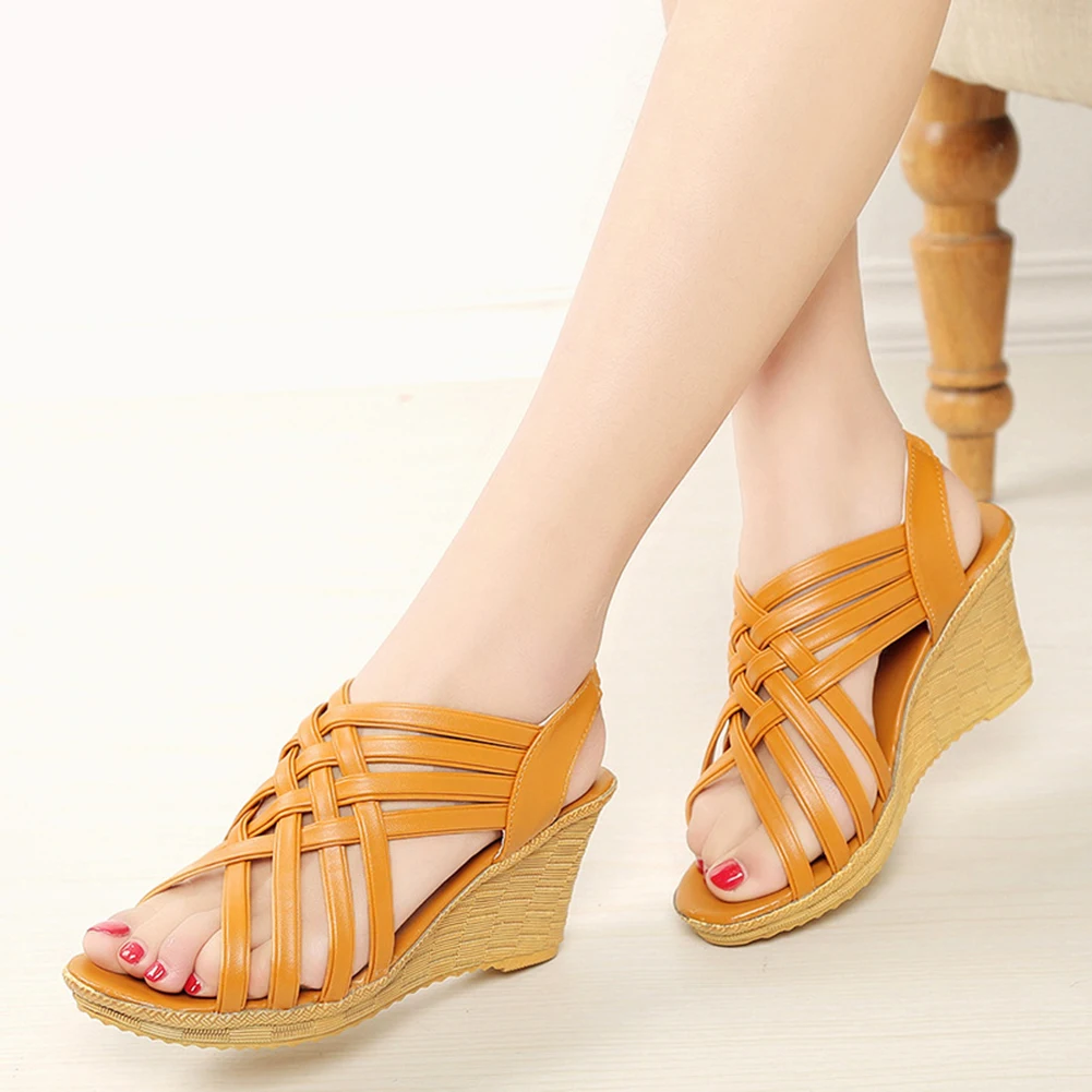 

Women Sandals Mid Heels Elastic Band Fish Mouth Gladiator Wedge Platform Summer Shoes Cross-tied Leather PU Yellow Black Sandals