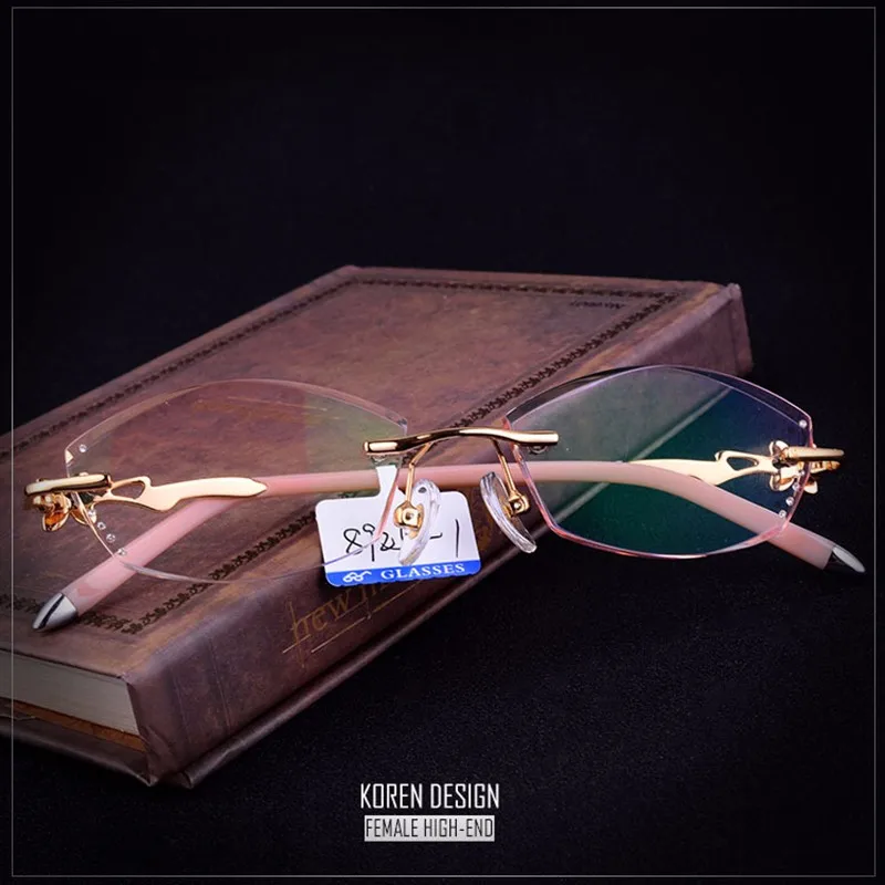 

Chashma Brand High Quality Prescrpiton Diamond Cutting Frame Eye Glasses Women Rimless Optical Frames Tint Colored Lenses