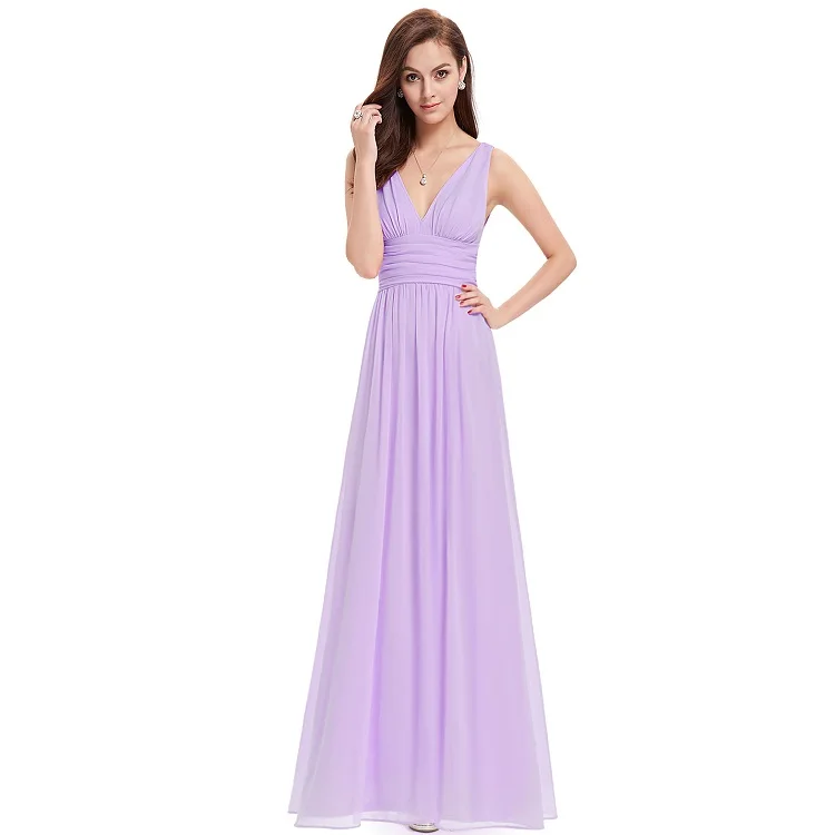 Vestido Fiesta Mujer Ever Pretty, длинное шифоновое свадебное платье трапециевидной формы с v-образным вырезом, элегантные королевские синие платья подружек невесты - Цвет: Lavender