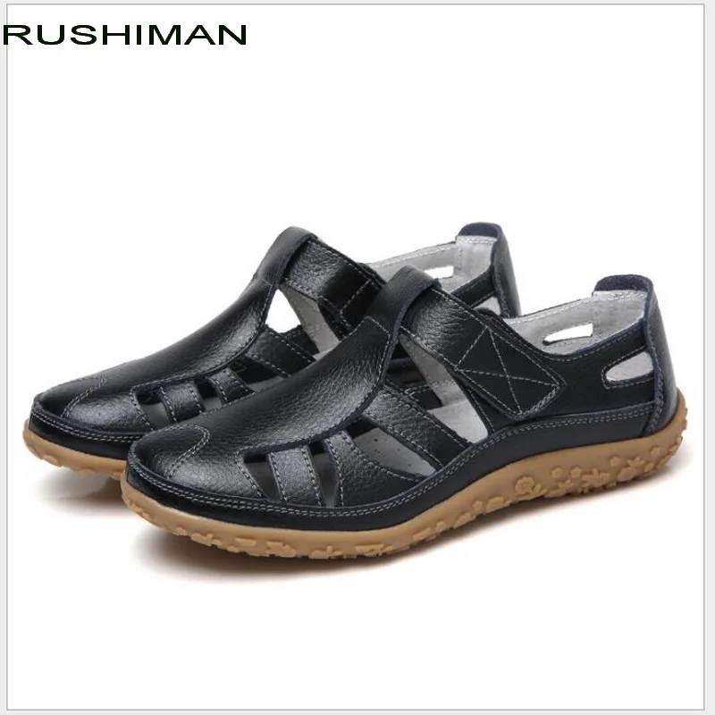 

RUSHIMAN Summer Women Shoes 2018 Genuine Leather Handmade Ladies Shoe Leather Sandals Women Flats Retro Style Mother Shoes 9568