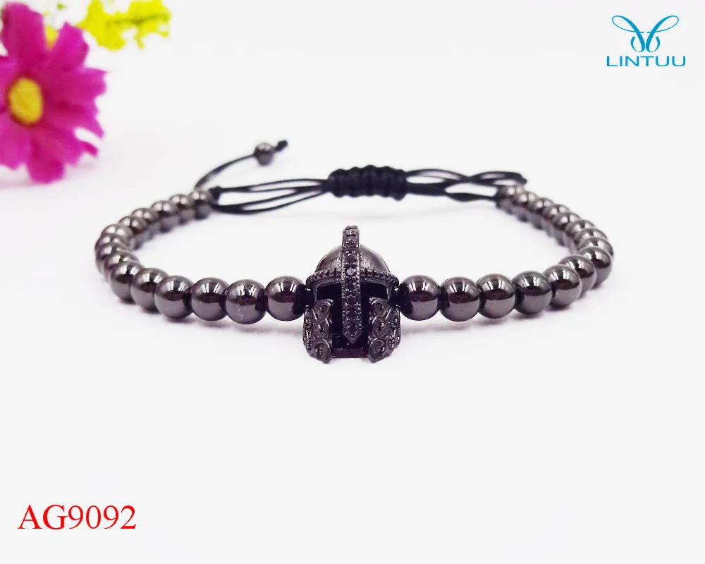 Hommes charme Noir Spartiate Casque de perles en pierre naturelle réglable MACRAME BRACELETS