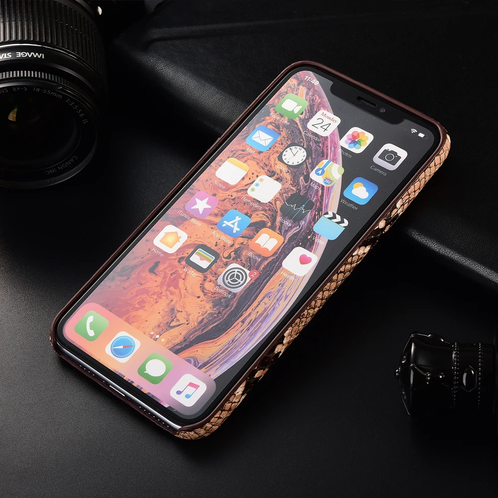 ثعبان الجلد الفن شل ل أبل فون 8 7 6 6 S زائد 7 زائد X XS ماكس XR الهواتف المحمولة بو الجلود الأسود غطاء إطار هاتف محمول البني
