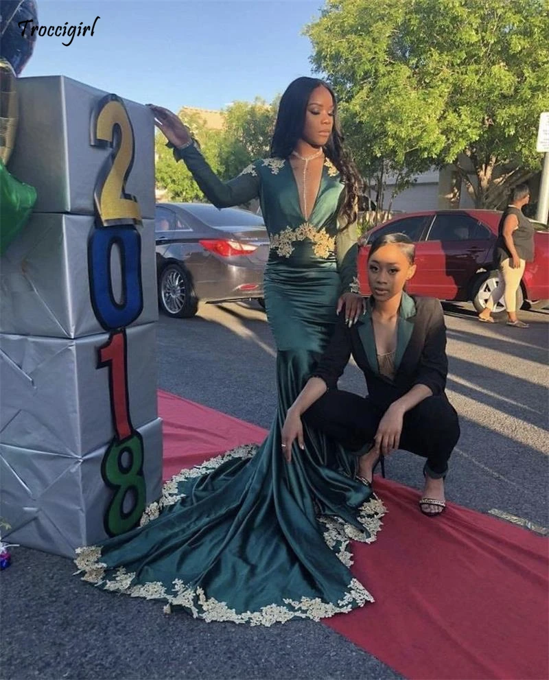 

Open Back Long Mermaid Prom Dresses 2019 New Long Sleeve Sweep Strain Applique Formal Evening Dress Party Gowns