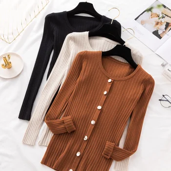 

Womens Long Sleeve Sweaters Autumn Winter Fashion Pullovers Button Knitted Sweater Women Slim Ribbed Jumper Black Tops
