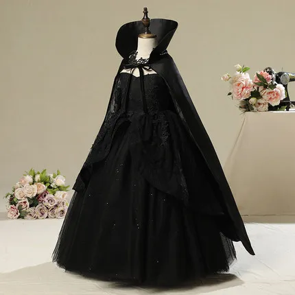Г. Настоящее детское роскошное черное платье с накидкой с воротником «злая королева» для девочек, вечерние платья, платье для костюмированной вечеринки