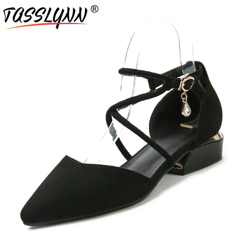 

TASSLYNN 2018 Summer Women Pumps Square Med Heels Buckle Strap Pumps Rhinestone Pointed Toe Sweet Vintage Style Shoes Size 34-42