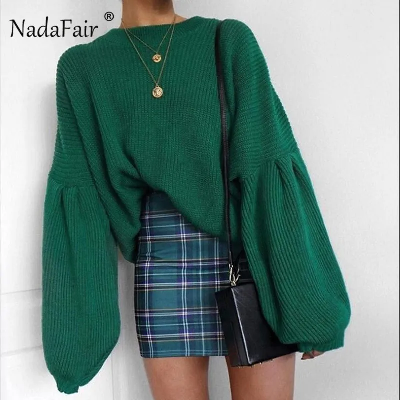 Nadafair корейский вязаный свитер Джемперы для женщин длинный фонарь рукав Свободный Повседневный зимний свитер Пуловеры Pull Femme Hiver - Цвет: Зеленый