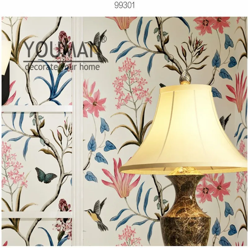Wallpaper Youman Vintage American country fresh 3d garden flower and bird bedroom living room TV background non-woven wallpaper