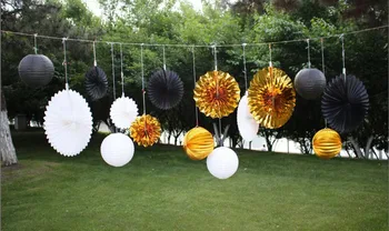 

15PCS Mixed Black Gold White Tissue Paper Fans Paper Lantern Wedding Birthday Baby Shower Graduation Party Decorations