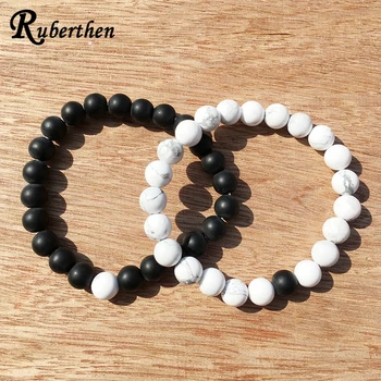 

Ruberthen New Arrival Design Couples Gem Stone Bracelet Set Black Onyx White Howlite Bracelet Men's Women's Yin Yang Bracelet