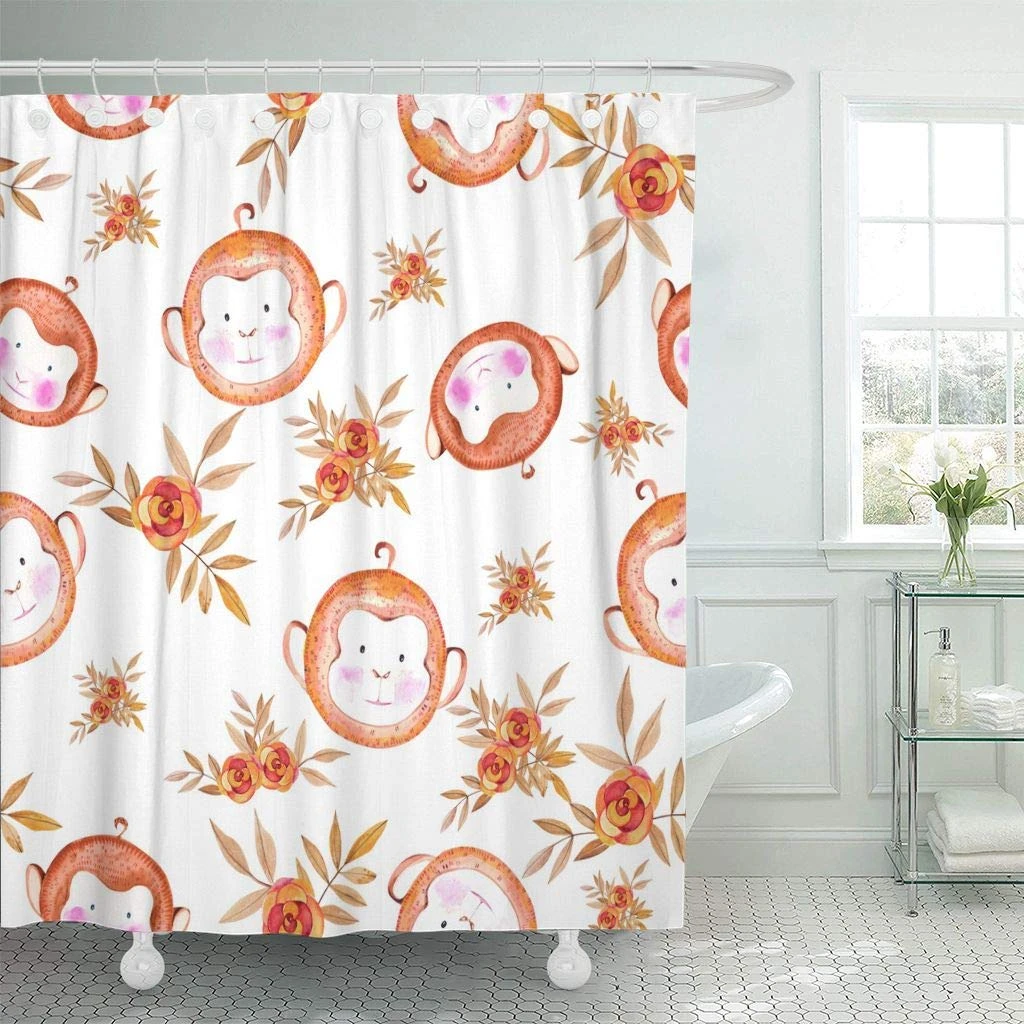 Shower Curtain With Hooks Chinese Watercolor Monkey Pattern Year