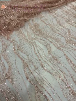 

Champagne Gold glued glitter african tulle french net lace PWD111673 african mesh lace fabric for party evening dress