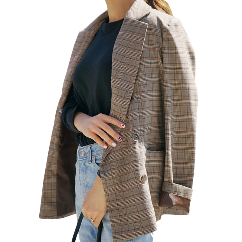 high quality Women Spring autumn Plaid Long Loose Blazer