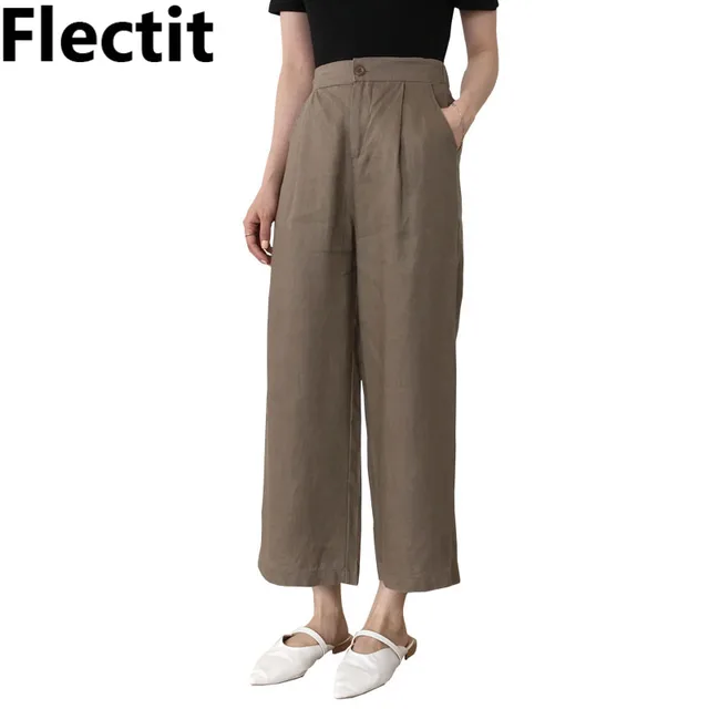 Flectit Women Loose Fit Cotton Linen Wide Leg Pants High Waist with