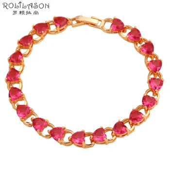 

ROLILASON fancy design Heart shape rose red crystal zircon golden Bracelets romantic gift for women fashion jewelry TBS768