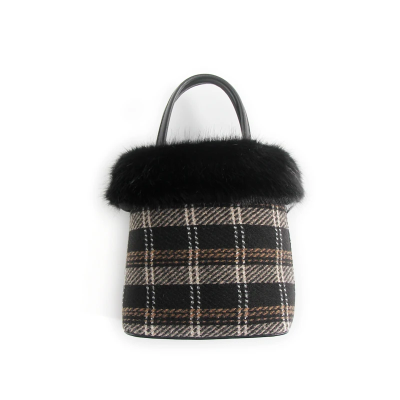 

Winter Wool Bucket Bag Korean Fashion Woolen Lady Handbag With Fur Houndstooth Leopard Pattern Top-handle Messenger Bags Leathe