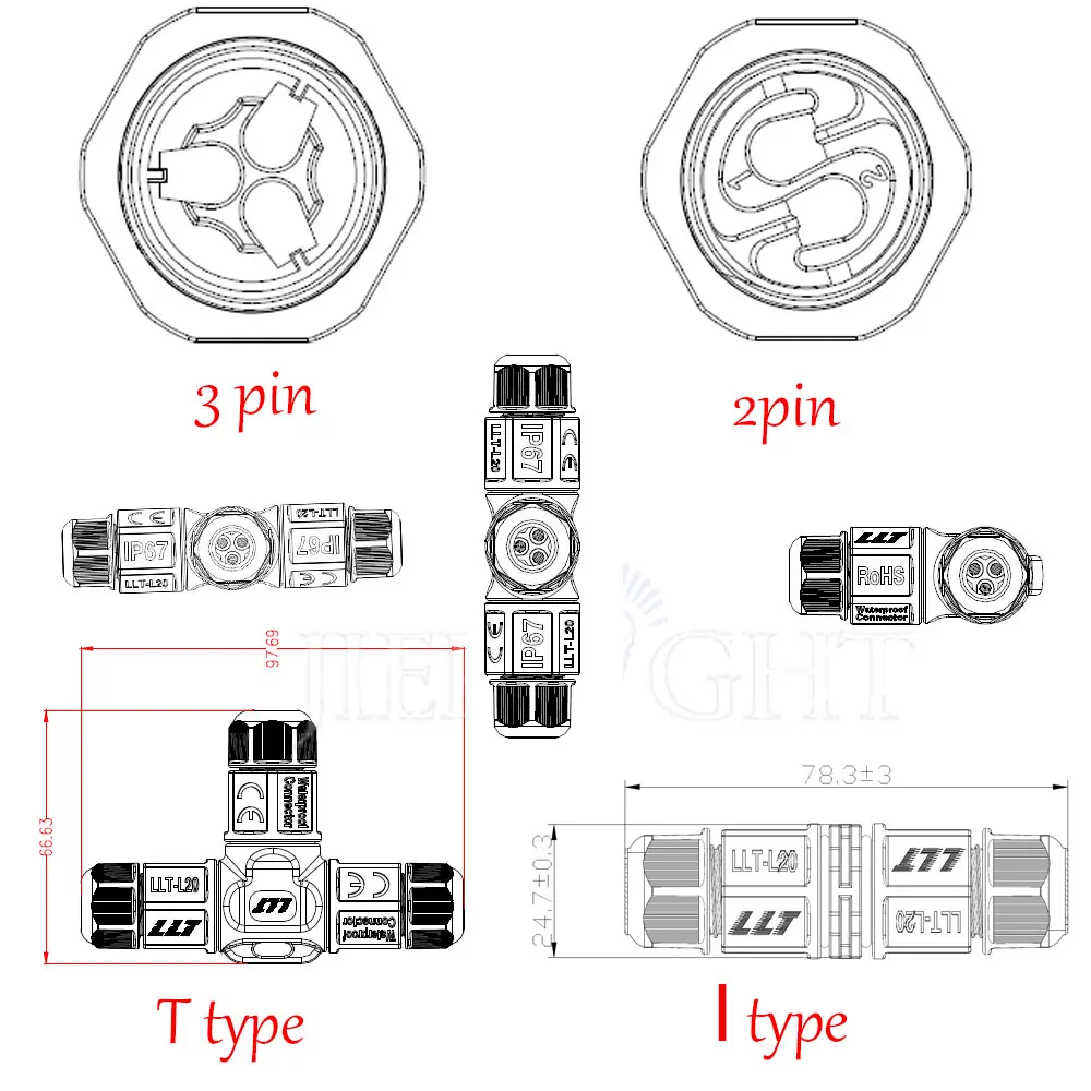 10 шт. в партии водонепроницаемый штекер кабеля IP67 IP68 штекер 2pin 3pin открытый I Форма Т-образный кабель Разъем для солнечной системы