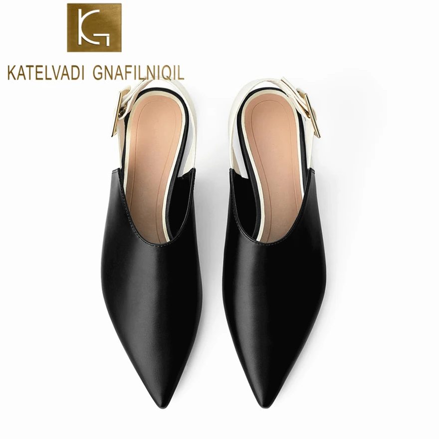 

KATELVADI Womens Mules Shoes Black PU Pointed Toe Buckles Causal Shoes Fashion Ladies Flats K-397