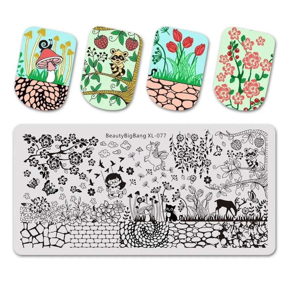 BEAUTYBIGBANG 6 шт. нержавеющая сталь для штамповки ногтей пластины Единорог цветок Фламинго шаблон для дизайна ногтей шаблоны маникюрные инструменты
