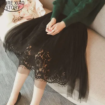 

Hemiskirt Spring Summer Mid-long Black White Tulle Skirt with Lace Korean Cute Women Skirt Elastic High Waist Long Skirt 3565 50