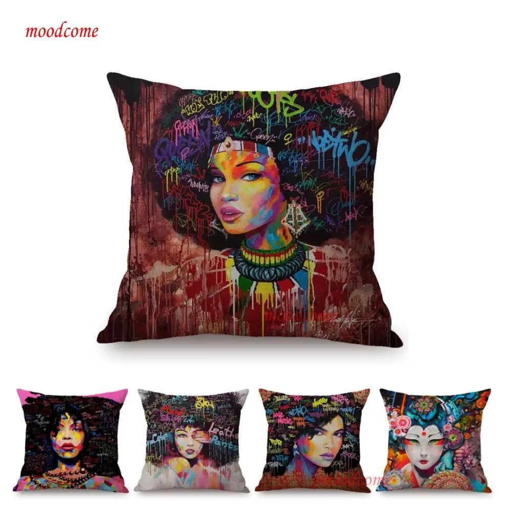 

Modern Africa Graffiti Pop Art African Woman Girl Afro Hair Home Decorative Pillow Cover Cotton Linen Exotic Sofa Cushion Cover