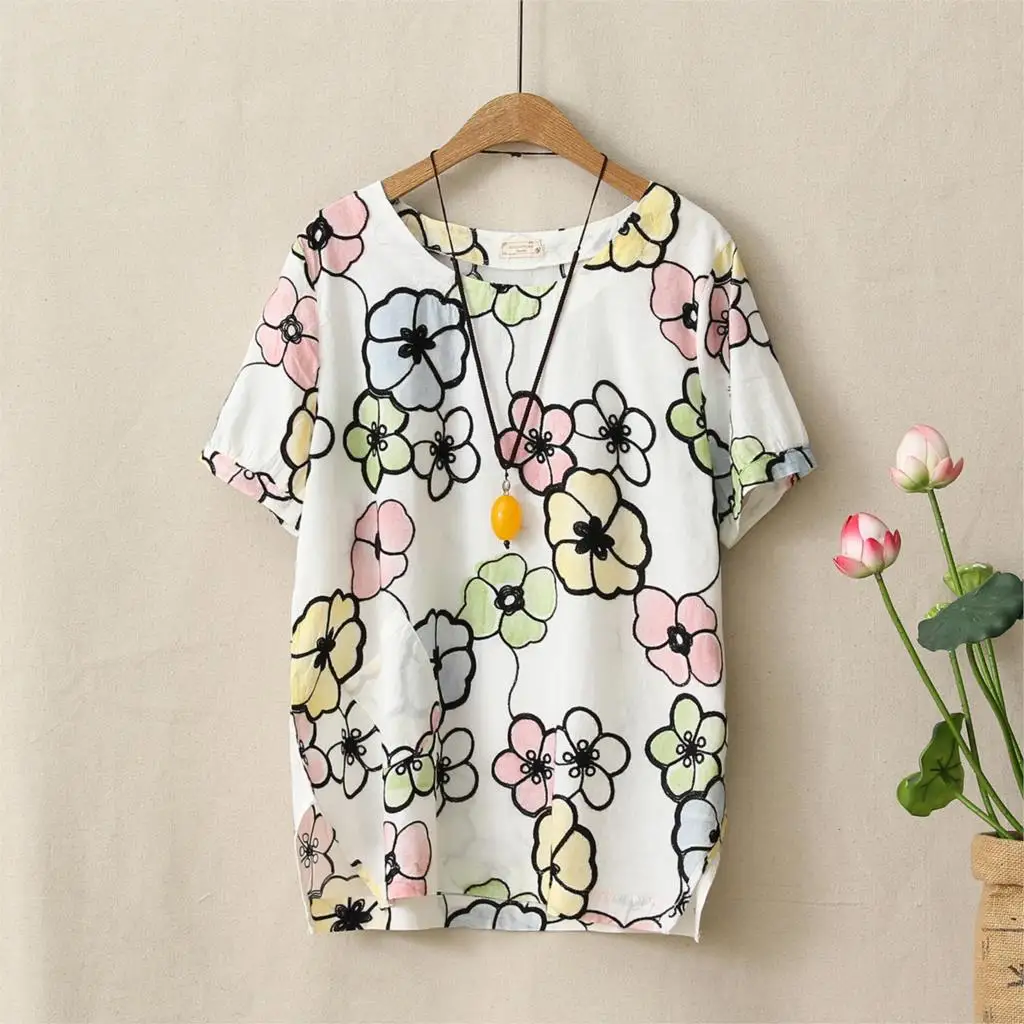 Cute Girs Summer Tees Loose Multicolor Floral Print Embroidery T shirt ...