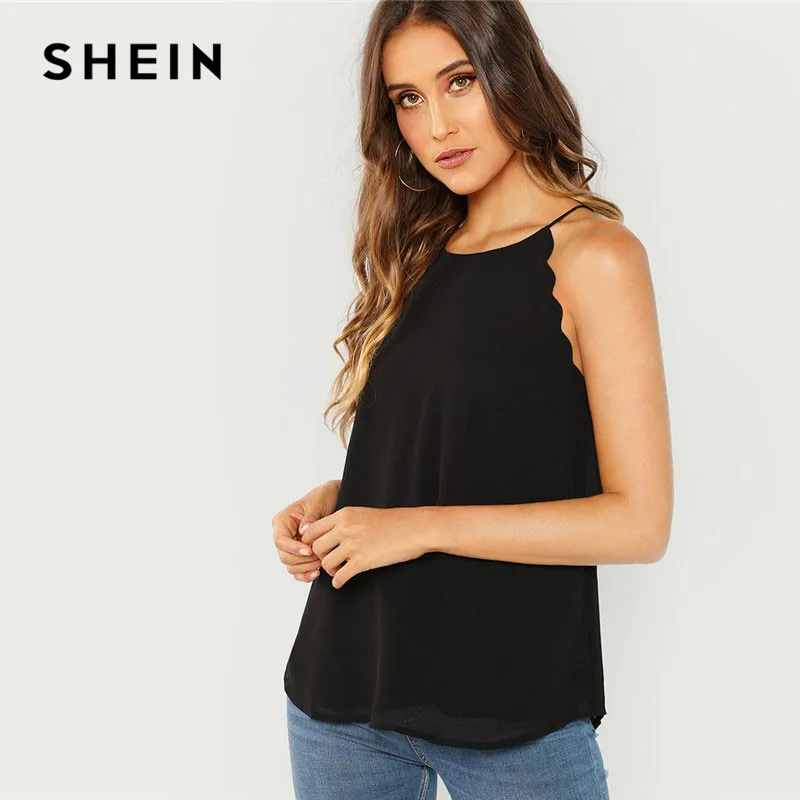 SHEIN Топ С Фестонами На Бретельках Повседневные Летние Модные Топы Без Рукавов Однотонный Элегантный Летний Топ